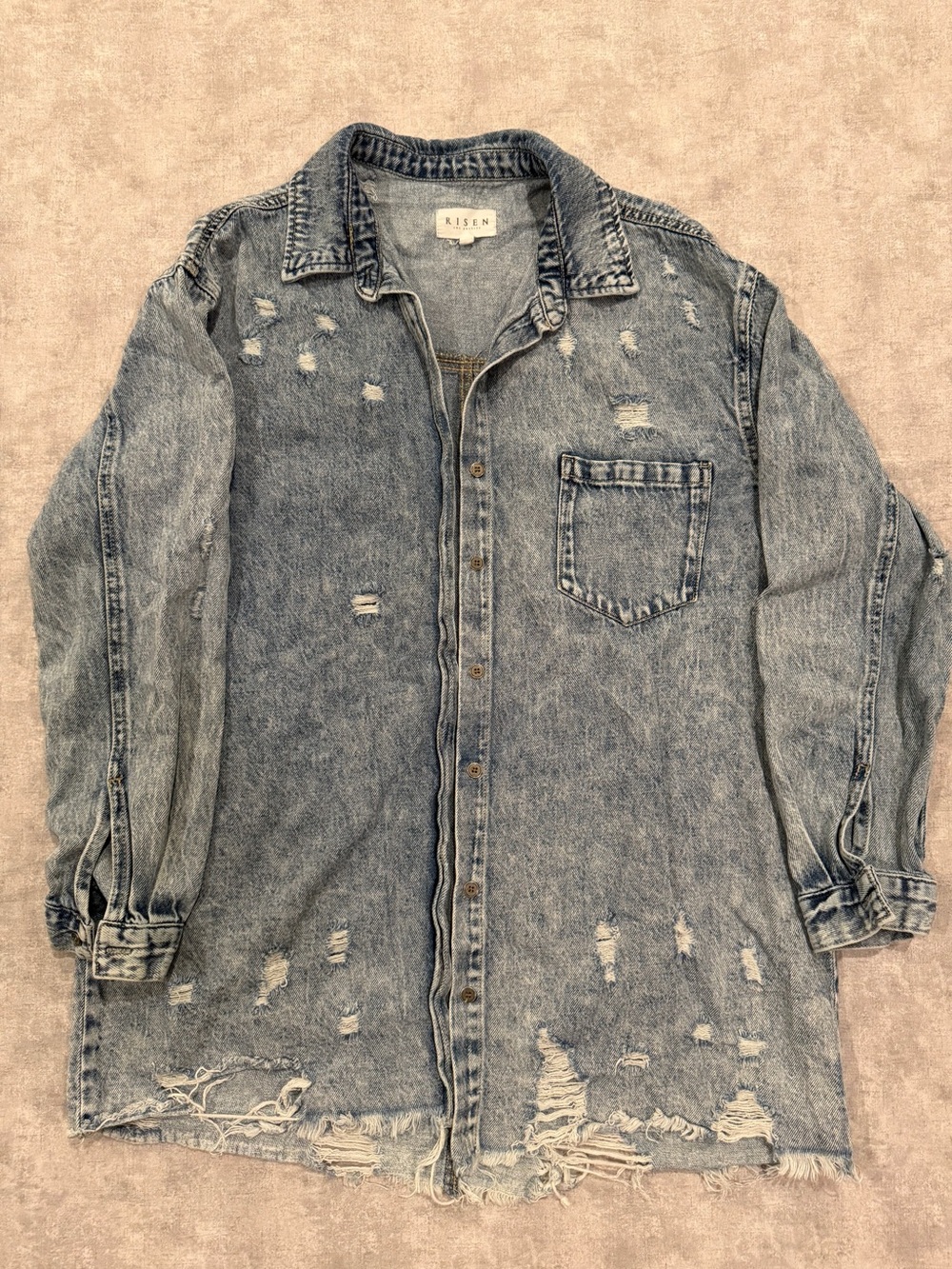 Risen Distressed Long Denim Shirt Jacket - Washed Blue
